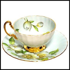 AYNSLEY England DOGWOOD Pattern Light‎ Blue Cup & Saucer Magnolia Flowers